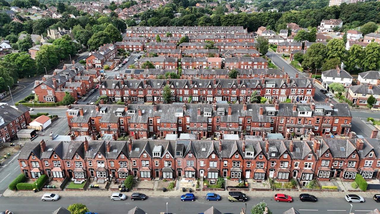 Aerial shot of terraced houses in Headingley, England, showcasing historic architecture.